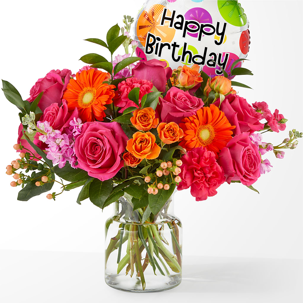 Fiesta Bouquet with Birthday Balloon – LESSLY'S FLOWERS, Columbia Heights MN