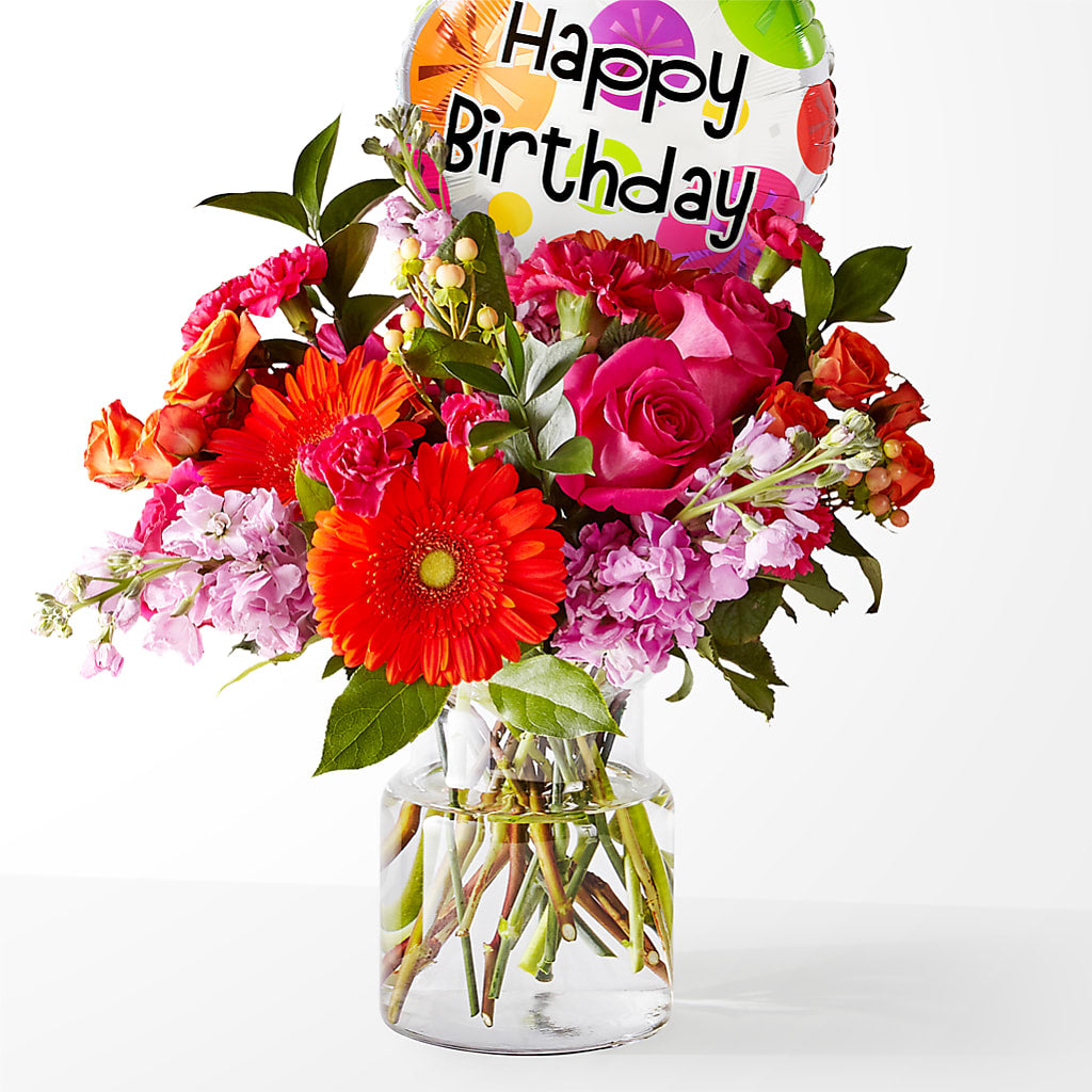 Fiesta Bouquet with Birthday Balloon – LESSLY'S FLOWERS, Columbia Heights MN