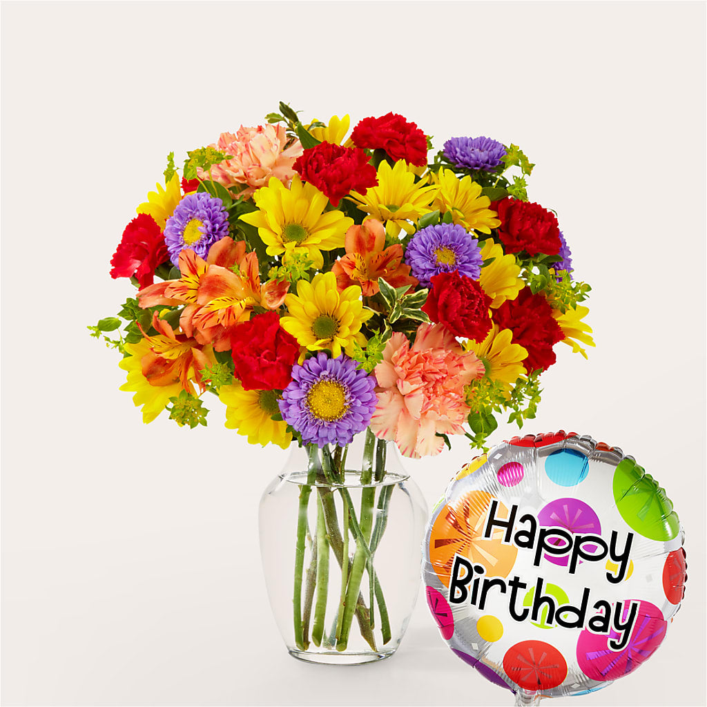 Kaleidoscope Bouquet with Birthday Balloon – LESSLY'S FLOWERS, Columbia Heights MN